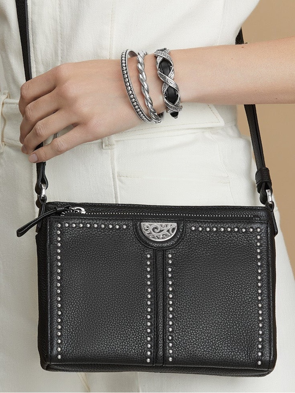 Brighton Black Leather Studded Crossbody PRETTY TOUGH CITY ORGANIZER